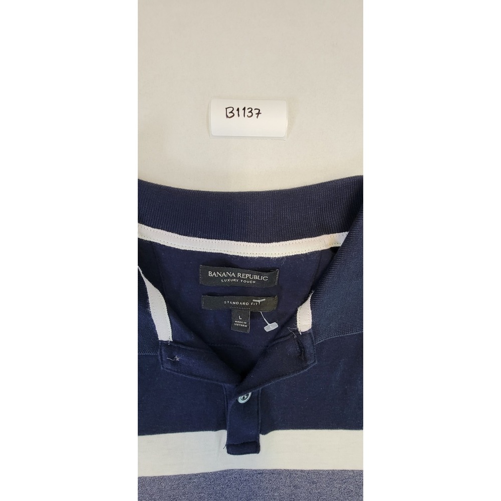 Banana Republic Men's Navy Blue‎ Striped Short Sleeve Polo Shirt Size L - Picture 3 of 5